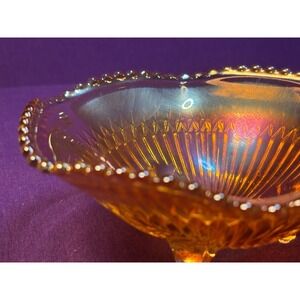 Vintage Marigold Footed Carnival Glass Bowl Rim Ribbed Interior Iridescent‎